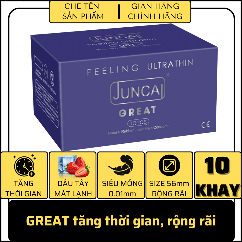 Bao cao su JUNCAI VIP 001 Great, size 56mm, hương dâu tây mát lạnh, nhiều gel, kéo dài vật lý ,mát lạnh, hộp 10 bao,bcs