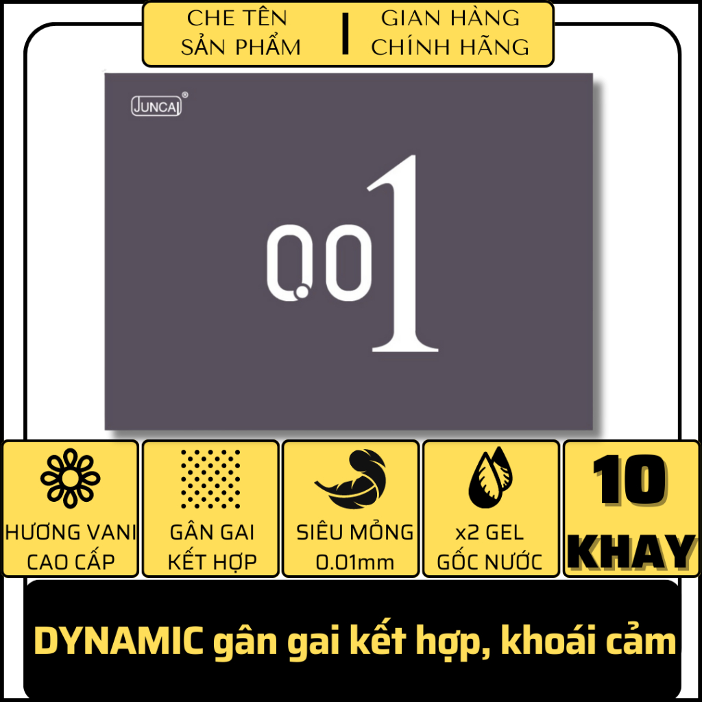 Bao cao su JUNCAI VIP 001 Dynamic gân gai kết hợp khoái cảm, truyền nhiệt, siêu mỏng, hương vani gấp đôi gel hộp 10 bao.