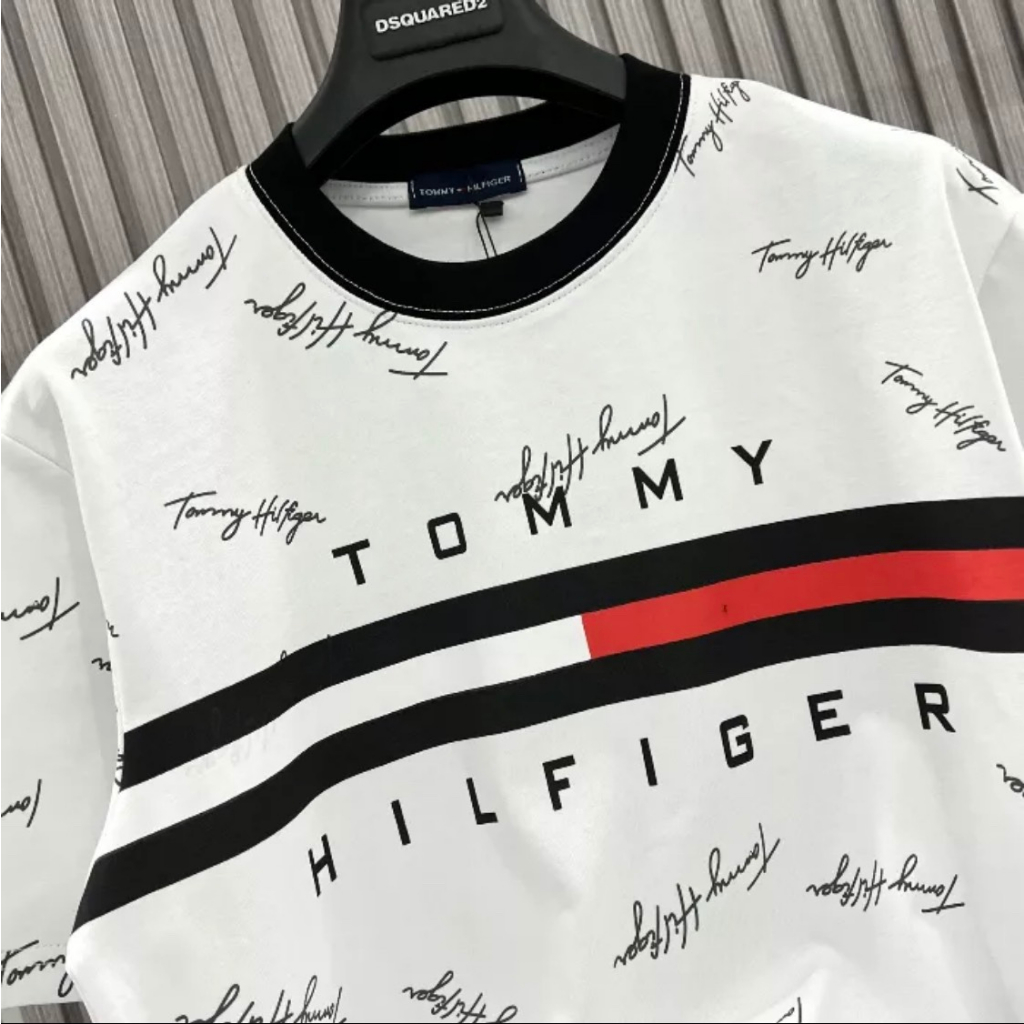 Áo Phông TommyHilfiger Chữ Kí Thêu Vạch Sọc Đen Đỏ Trắng Mẫu Mới Nhất 2023 - Áo Phông Tommy Chất Cotton Form Dáng Unise