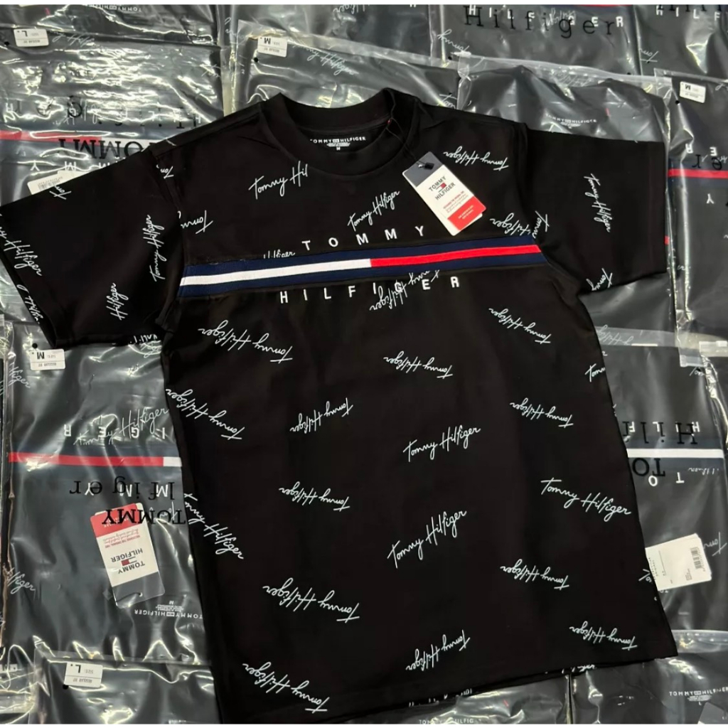 Áo Phông TommyHilfiger Chữ Kí Thêu Vạch Sọc Đen Đỏ Trắng Mẫu Mới Nhất 2023 - Áo Phông Tommy Chất Cotton Form Dáng Unise