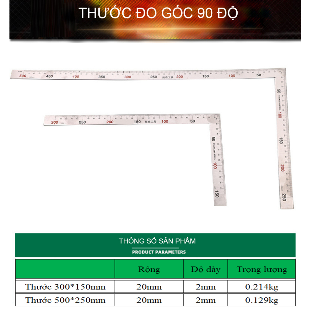 Thước eke góc vuông 90 độ với chữ số laze 2 màu đen đỏ chất liệu Thép Tuosen