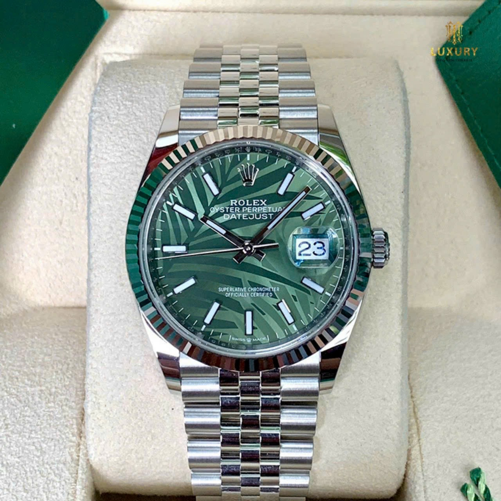 Đồng hồ nam Rolex DateJust 38mm mặt lá cọ máy QUARTZ nhật, khung thép nguyên khối 904l