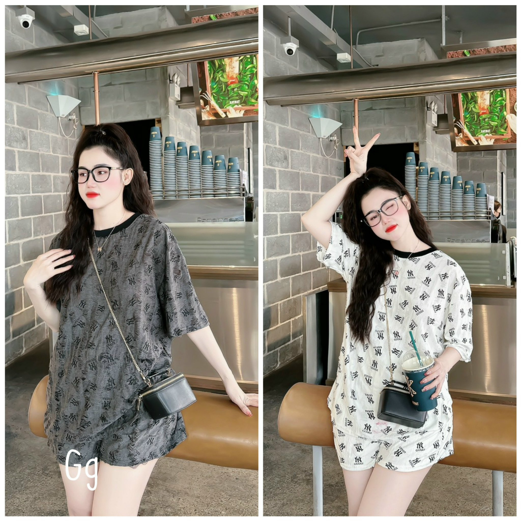Sét bộ áo thun form rộng rách chữ hiệu nờ y phối quần đùi cực hot , chất qc rách mềm mịn