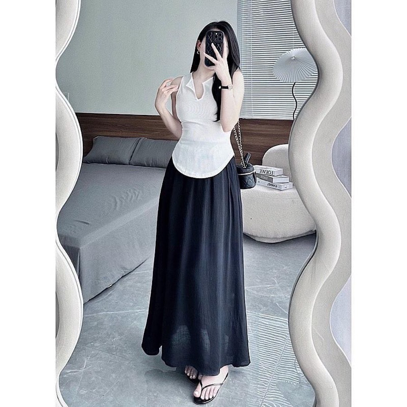 SET CHÂN VÁY MIDI NUDE  ÁO ĐEN XẺ NGỰC