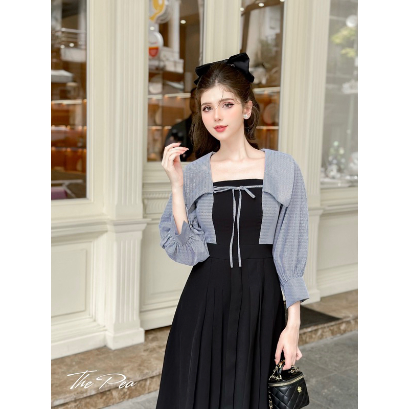SELIA DRESS by Thepeavn - Đầm đen dáng dài xếp li phối cổ vuông sọc đen trắng