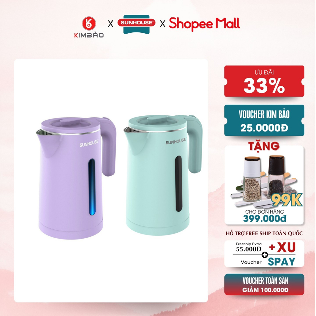 ấm siêu tốc inox 2 lớp 1.8L SUNHOUSE SHD1368kb chính hãng ,bảo hành 12 tháng