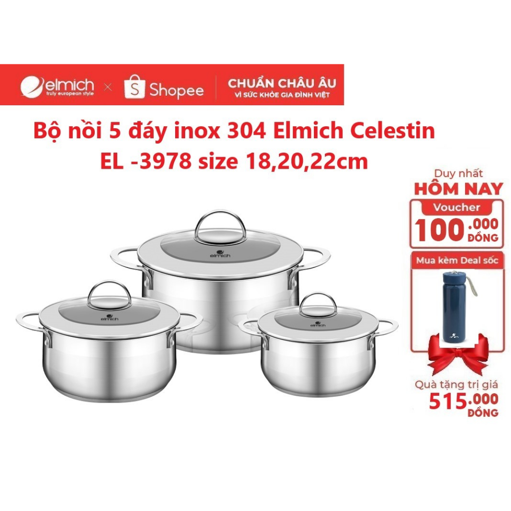 Bộ nồi 5 đáy inox 304 Elmich Celestin EL -3978 size 18,20,22cm