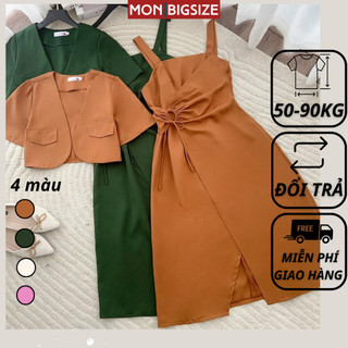 Váy bigsize nữ đầm dự tiệc đi chơi kiểu xoắn eo kèm áo khoác chất cotton lạnh MON big size 50 - 90kg