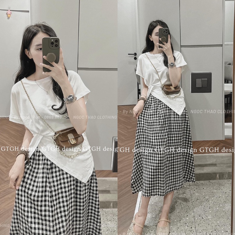 Set váy kẻ áo cottong xoắn eo tiểu thư