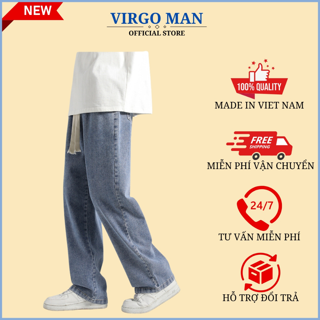 Quần jean nam ống rộng lưng thun cạp chun phong cách-VIRGO MAN-Quần baggy nam trơn HOT TREND 2023