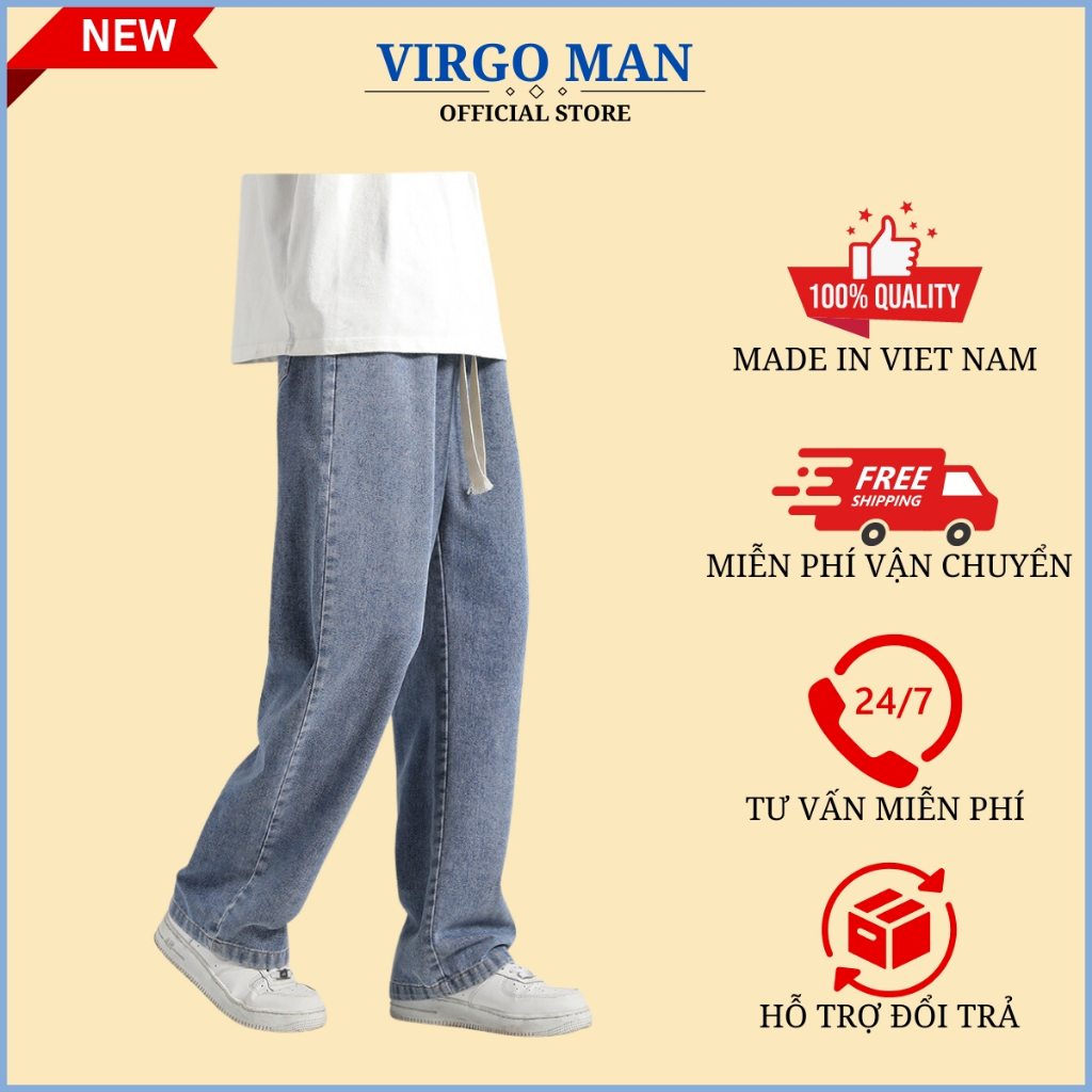 Quần jean nam ống rộng lưng thun cạp chun phong cách-VIRGO MAN-Quần baggy nam trơn HOT TREND 2023