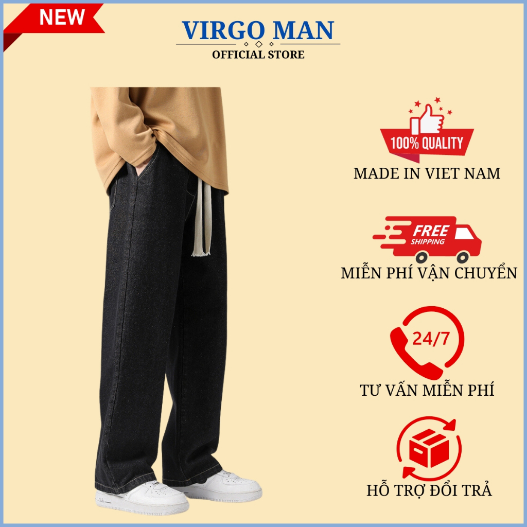 Quần jean nam ống rộng lưng thun cạp chun phong cách-VIRGO MAN-Quần baggy nam trơn HOT TREND 2023
