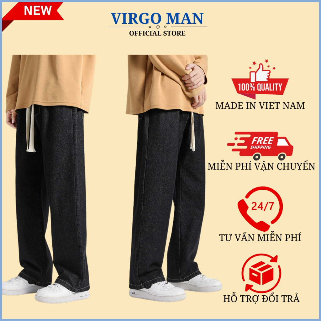 Quần jean nam ống rộng lưng thun cạp chun phong cách-VIRGO MAN-Quần baggy nam trơn HOT TREND 2023