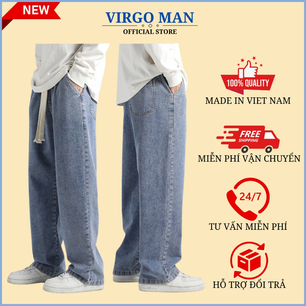 Quần jean nam ống rộng lưng thun cạp chun phong cách-VIRGO MAN-Quần baggy nam trơn HOT TREND 2023