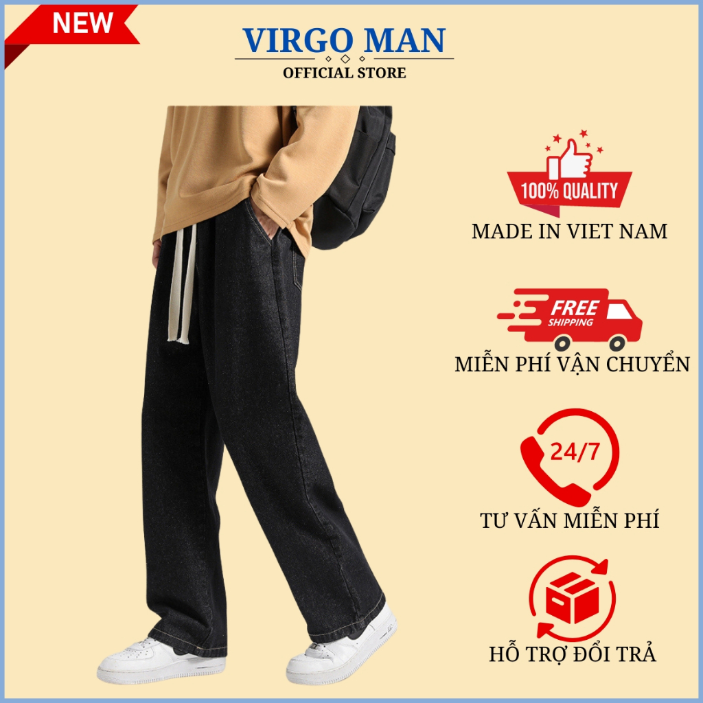 Quần jean nam ống rộng lưng thun cạp chun phong cách-VIRGO MAN-Quần baggy nam trơn HOT TREND 2023