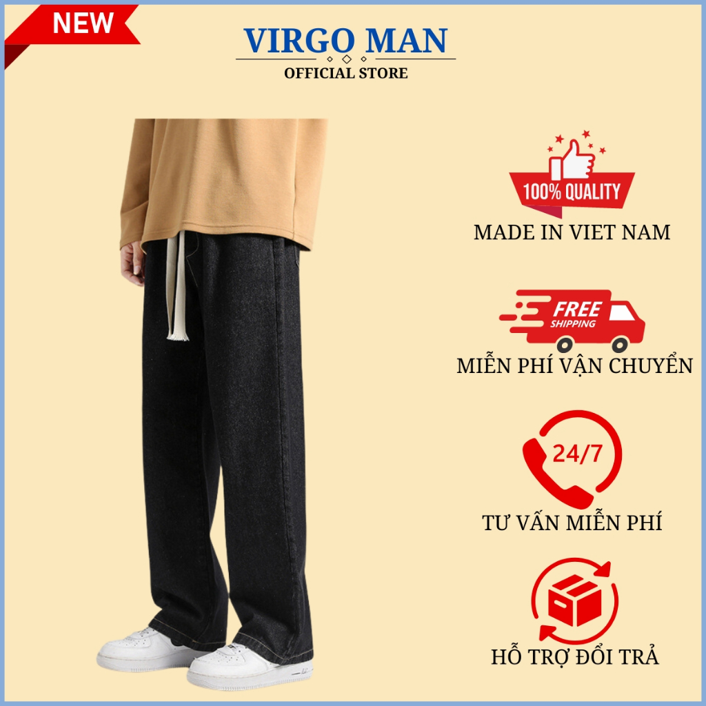Quần jean nam ống rộng lưng thun cạp chun phong cách-VIRGO MAN-Quần baggy nam trơn HOT TREND 2023