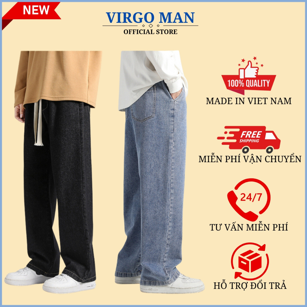 Quần jean nam ống rộng lưng thun cạp chun phong cách-VIRGO MAN-Quần baggy nam trơn HOT TREND 2023