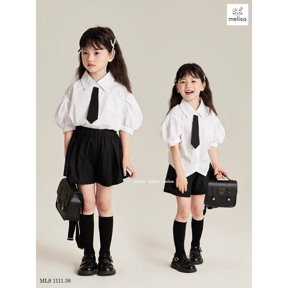 Set áo sơ mi + quần váy xếp ly cho bé gái chuẩn nữ sinh năng động