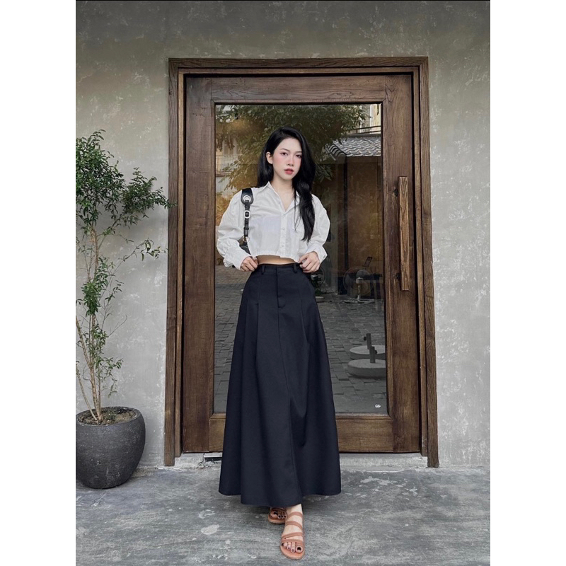Chân váy xếp ly hạ eo dáng dài xoè Bànana, đứng form, váy dài dáng xoè chữ a chất vải dày dặn hack dáng vintage
