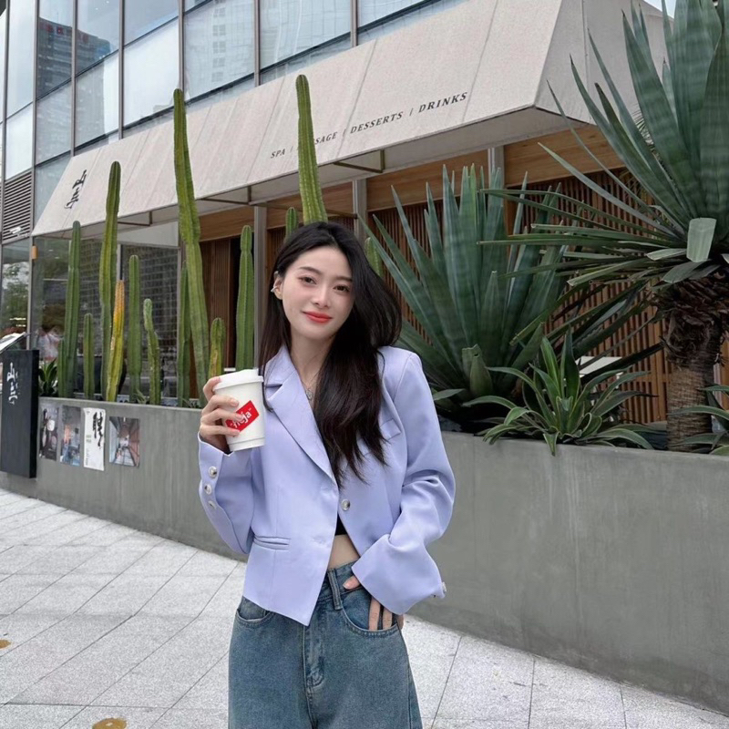Áo Blazer Quảng Châu Tone màu pastel dáng lửng tay dài có đệm vai - Yogou Order