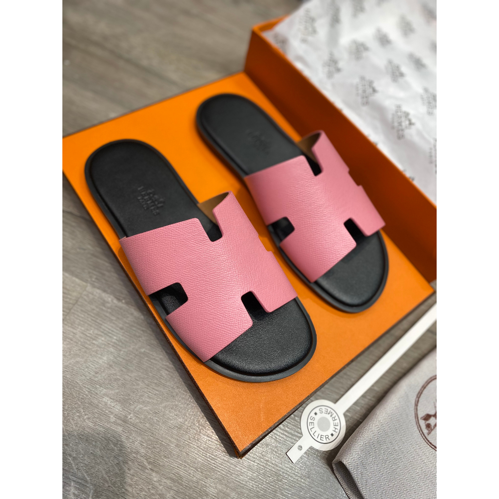 Dép HER.MES HM Nam Nữ Da màu Hường  Thời Trang , Dép Chứ H màu hường Cao Cấp Full Bill Box