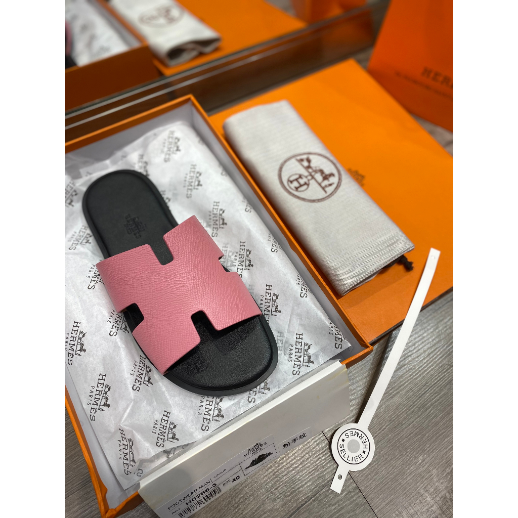 Dép HER.MES HM Nam Nữ Da màu Hường  Thời Trang , Dép Chứ H màu hường Cao Cấp Full Bill Box