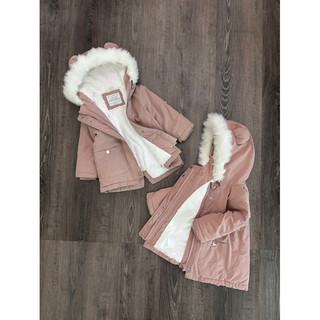 Áo khoác parka hồng size nhí mũ tai lót lông bé gái