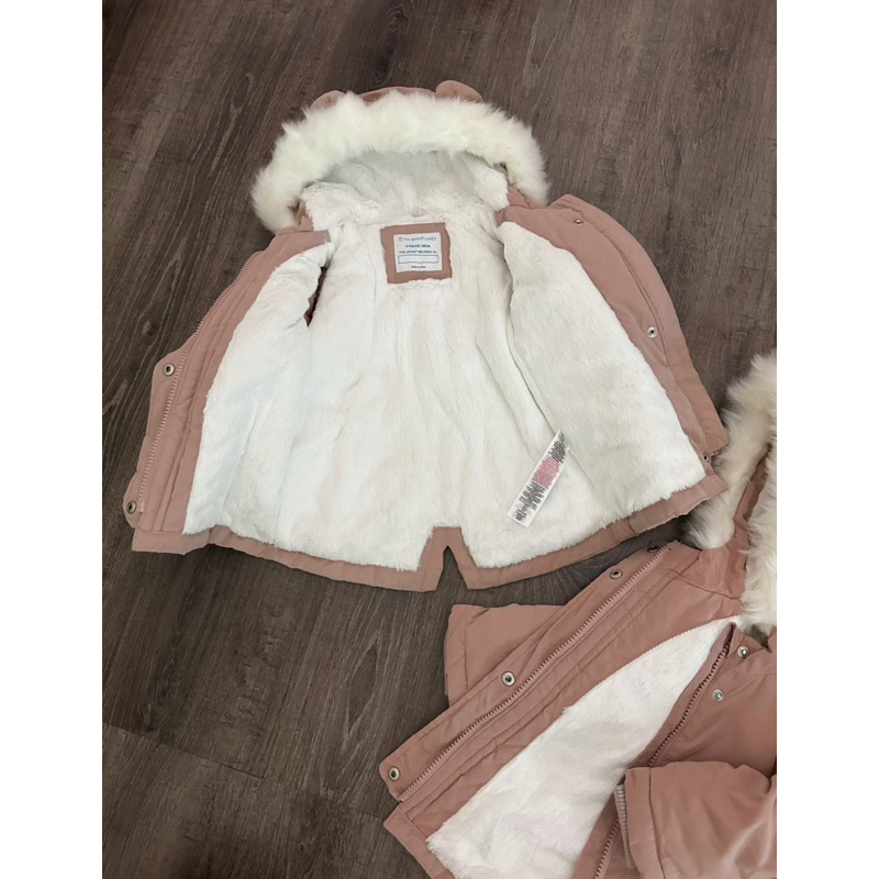 Áo khoác parka hồng size nhí mũ tai lót lông bé gái