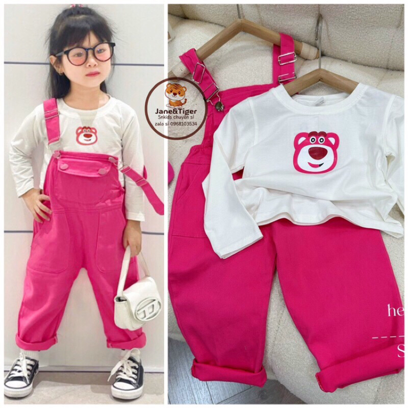 (9-22kg) set yếm gấu dâu khuy đóng yếm kaki giặt mềm áo cotton vải QC cute cho bé, set bộ 2 dây dập ly cổ yếm