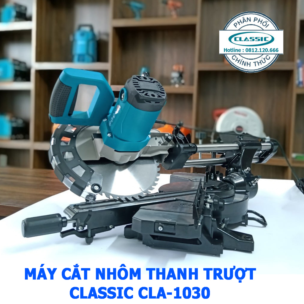 MÁY CẮT NHÔM TRƯỢT CLASSIC CLA-1030, Nghiêng 45độ, Kèm lưỡi cắt gỗ 255mm 40răng, Ty trượt 34cm