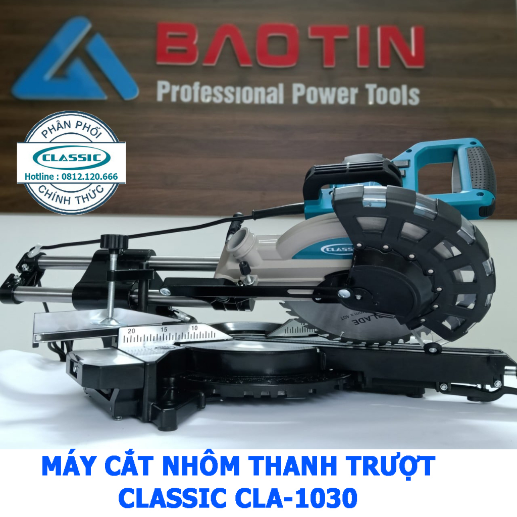 MÁY CẮT NHÔM TRƯỢT CLASSIC CLA-1030, Nghiêng 45độ, Kèm lưỡi cắt gỗ 255mm 40răng, Ty trượt 34cm