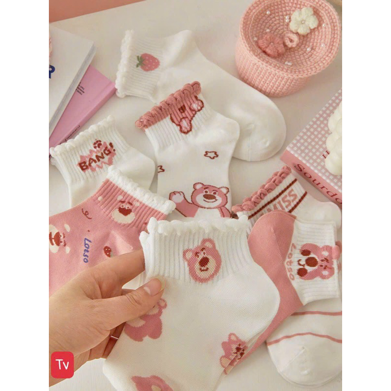 SET 10 Đôi Tất Vớ Cổ Bèo Hoạ Tiết Gấu Dâu Cute Dễ Thương