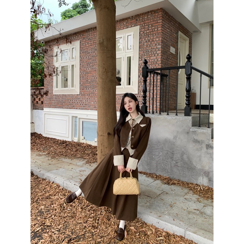 Set áo gile học sinh mỹ kèm chân váy dáng dài xếp ly thiết kế mới 2023