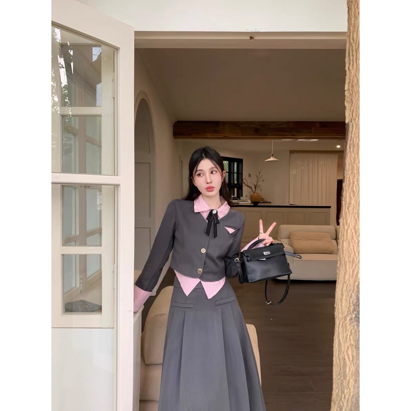 Set áo gile học sinh mỹ kèm chân váy dáng dài xếp ly thiết kế mới 2023
