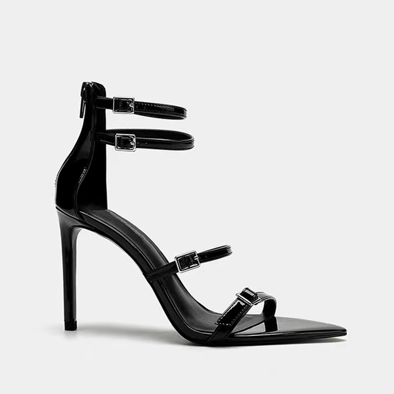 Giày Sandal mũi nhọn da bóng 4 dây ngang khoá sau