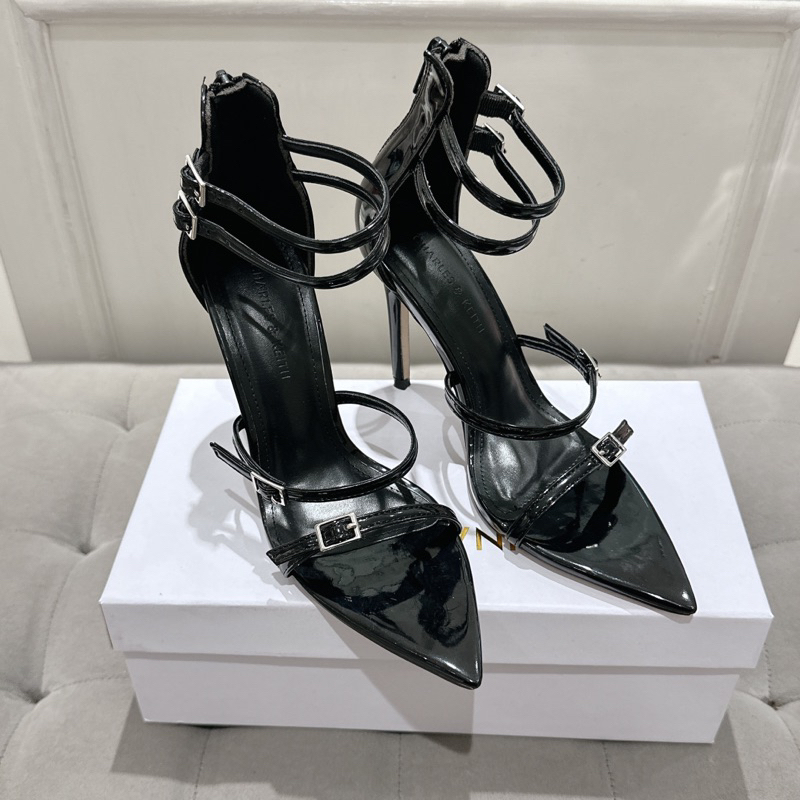 Giày Sandal mũi nhọn da bóng 4 dây ngang khoá sau