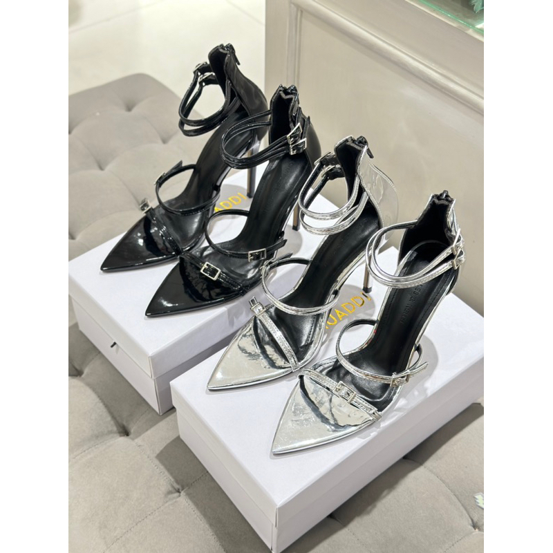 Giày Sandal mũi nhọn da bóng 4 dây ngang khoá sau