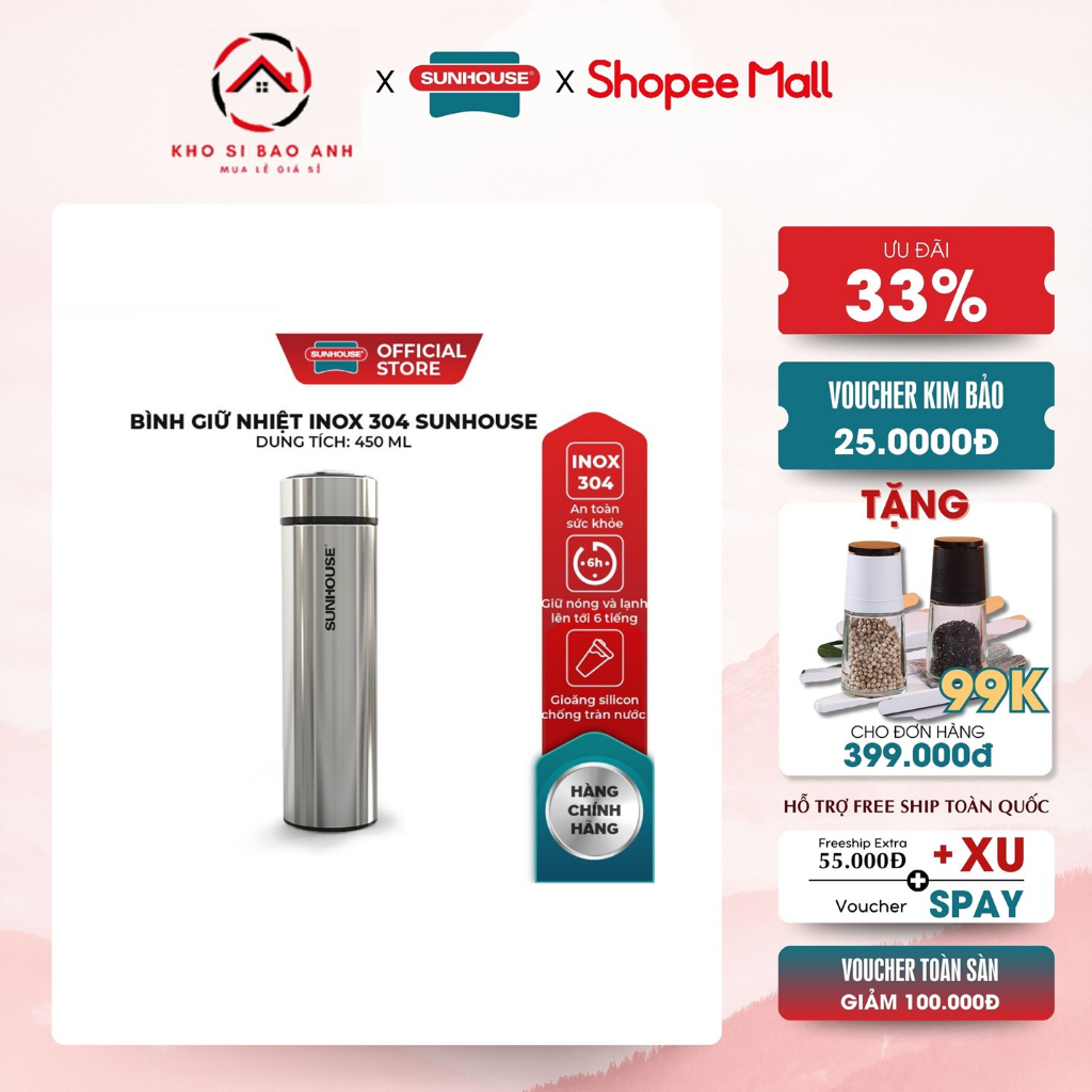 Bình Giữ Nhiệt Inox 304 Sunhouse 450Ml Ks - Tu450I Tiện Lợi
