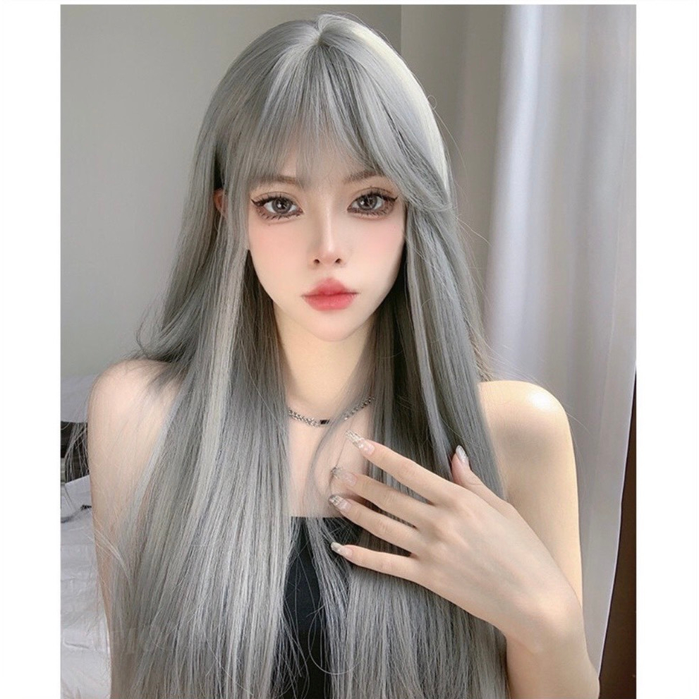 Tóc giả nữ nguyên đầu❤️FREESHIP❤️Tóc giả nữ nguyên đầu thẳng trắng bạch kim phong cách Hàn Quốc 8085