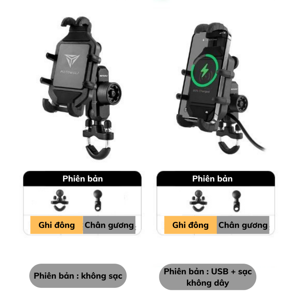 Giá đỡ điện thoại chống rung MOTOWOLF xe máy, motor ,gắn ghi đông chân gương MDL2728 có sạc, gắn Camer - Hàng chính hãng