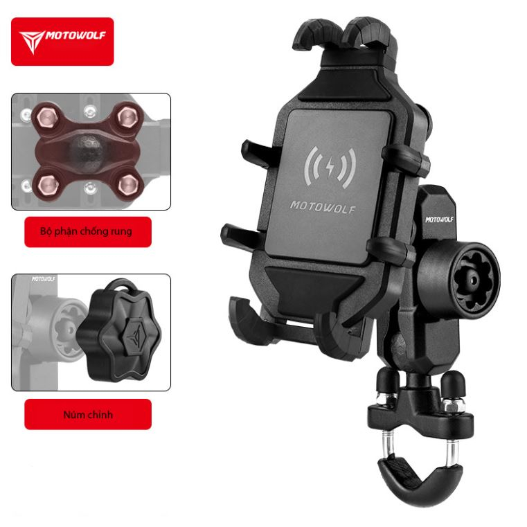 Giá đỡ điện thoại chống rung MOTOWOLF xe máy, motor ,gắn ghi đông chân gương MDL2728 có sạc, gắn Camer - Hàng chính hãng