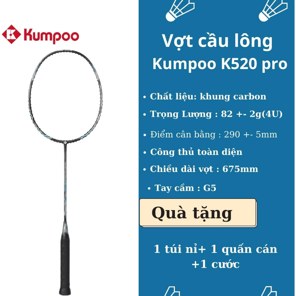 Vợt cầu lông Kumpoo K520 pro chính hãng sợi carbon 4U căng sẵn 11kg giúp bạn giảm cân,stress nâng cao sức khỏe