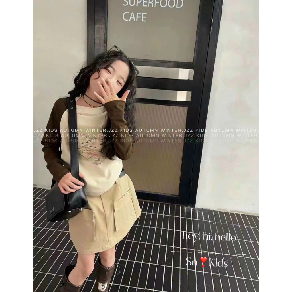Set áo tay pha nâu cv hộp bé gái