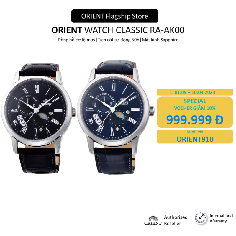 Đồng hồ cơ nam Orient Watch Sun And Moon RA-AK00 máy lộ cơ tích cót mặt kính Sapphire dây da đeo tay cao cấp chính hãng