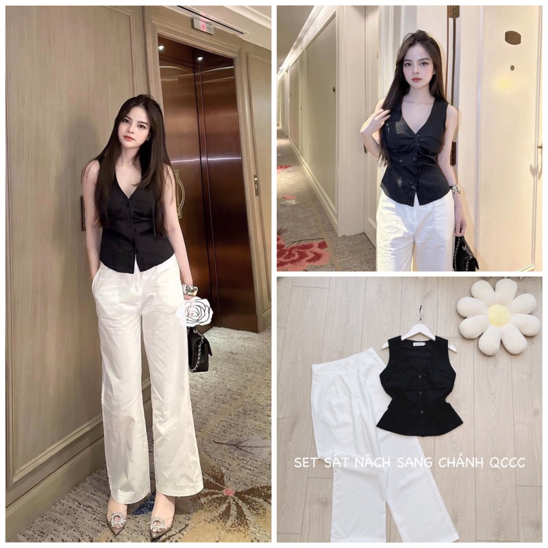 ✨BÁN SỈ✨SET018- set áo cổ tim đen mix quần trắng 2 lớp