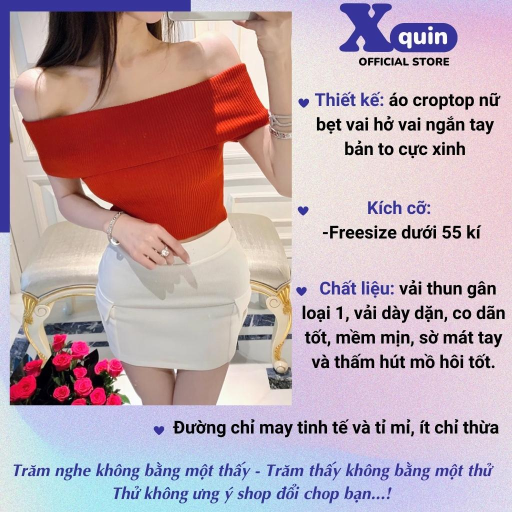 Áo thun nữ ngắn tay bẹt vai bản to ôm body Xquin, Áo trễ vai dáng croptop chất thun gân loại 1 dày dặn mềm mịn