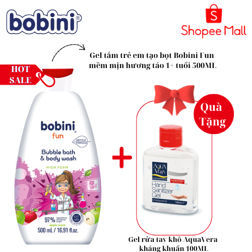 [Tặng rửa tay khô 100ml] Gel tắm tạo bọt cho trẻ em Bobini Fun mềm mịn hương táo 1+ tuổi 500ML