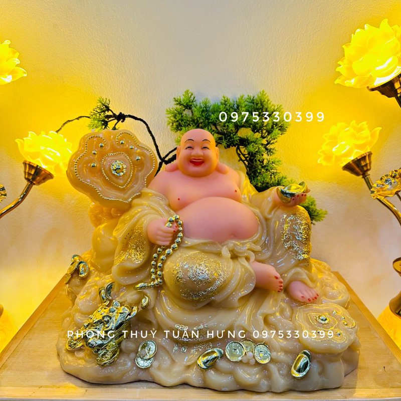 Tượng di lặc đá vàng thạch anh đẹp 16in, hàng sẵn,ảnh chụp thật