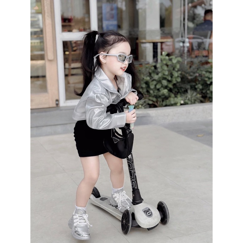 Đầm váy body cotton kèm áo khoác da bạc cho bé gái 10-30kg