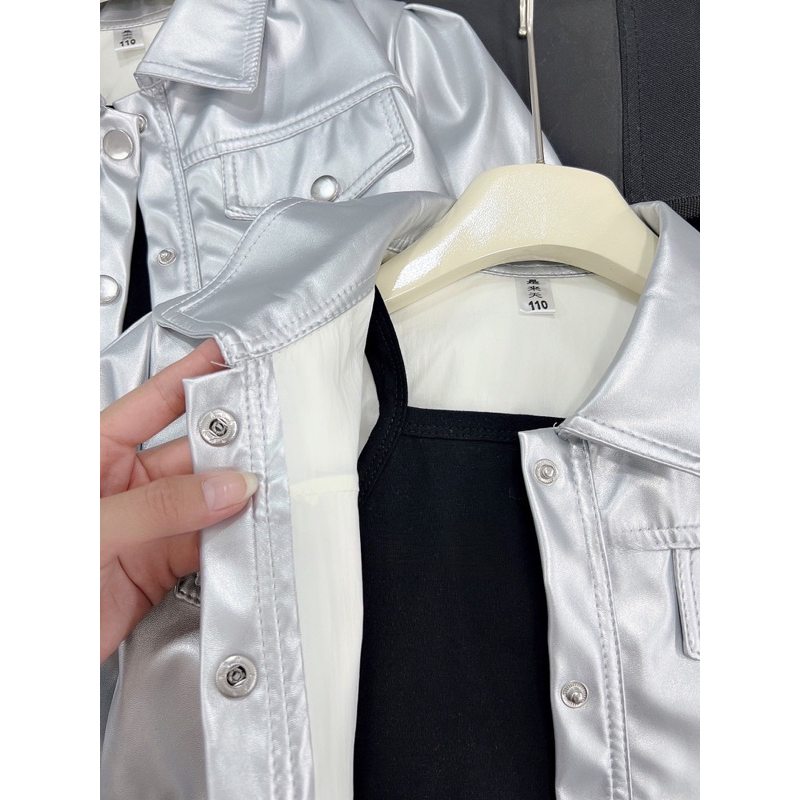 Đầm váy body cotton kèm áo khoác da bạc cho bé gái 10-30kg